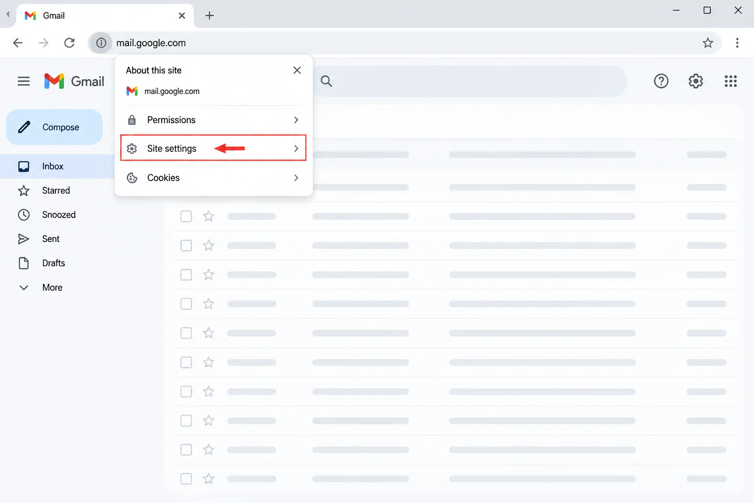 Signed-in Gmail tab showing the site icon beside the address bar and the route to Site settings