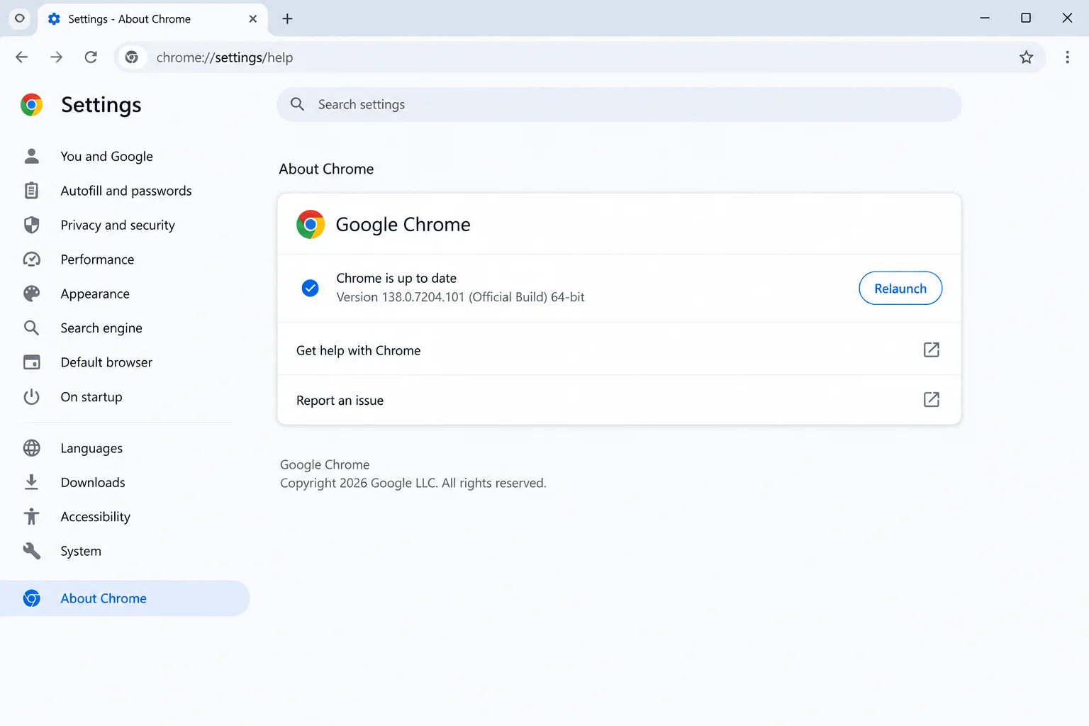 About Chrome settings page showing the update status and a Relaunch button