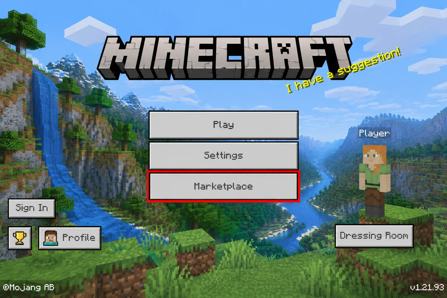 Minecraft Bedrock Edition main menu on Windows with the Marketplace button highlighted