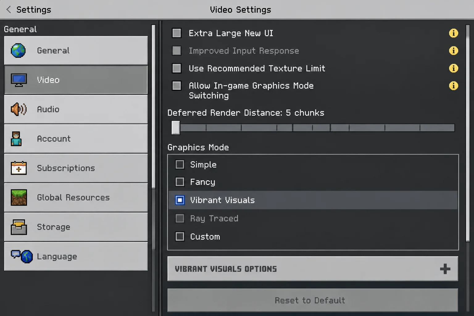 Minecraft Bedrock Edition Video settings screen on Windows showing the graphics mode option with Vibrant Visuals highlighted