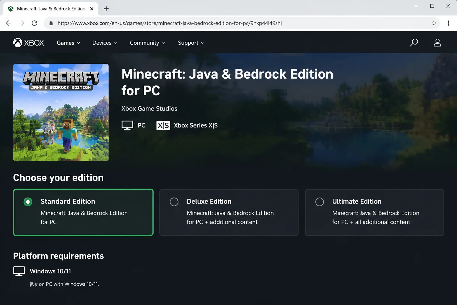 Xbox store listing for Minecraft: Java & Bedrock Edition for PC showing the pricing tiers (base, Deluxe, Ultimate) and platform requirements, with the pricing options highlighted
