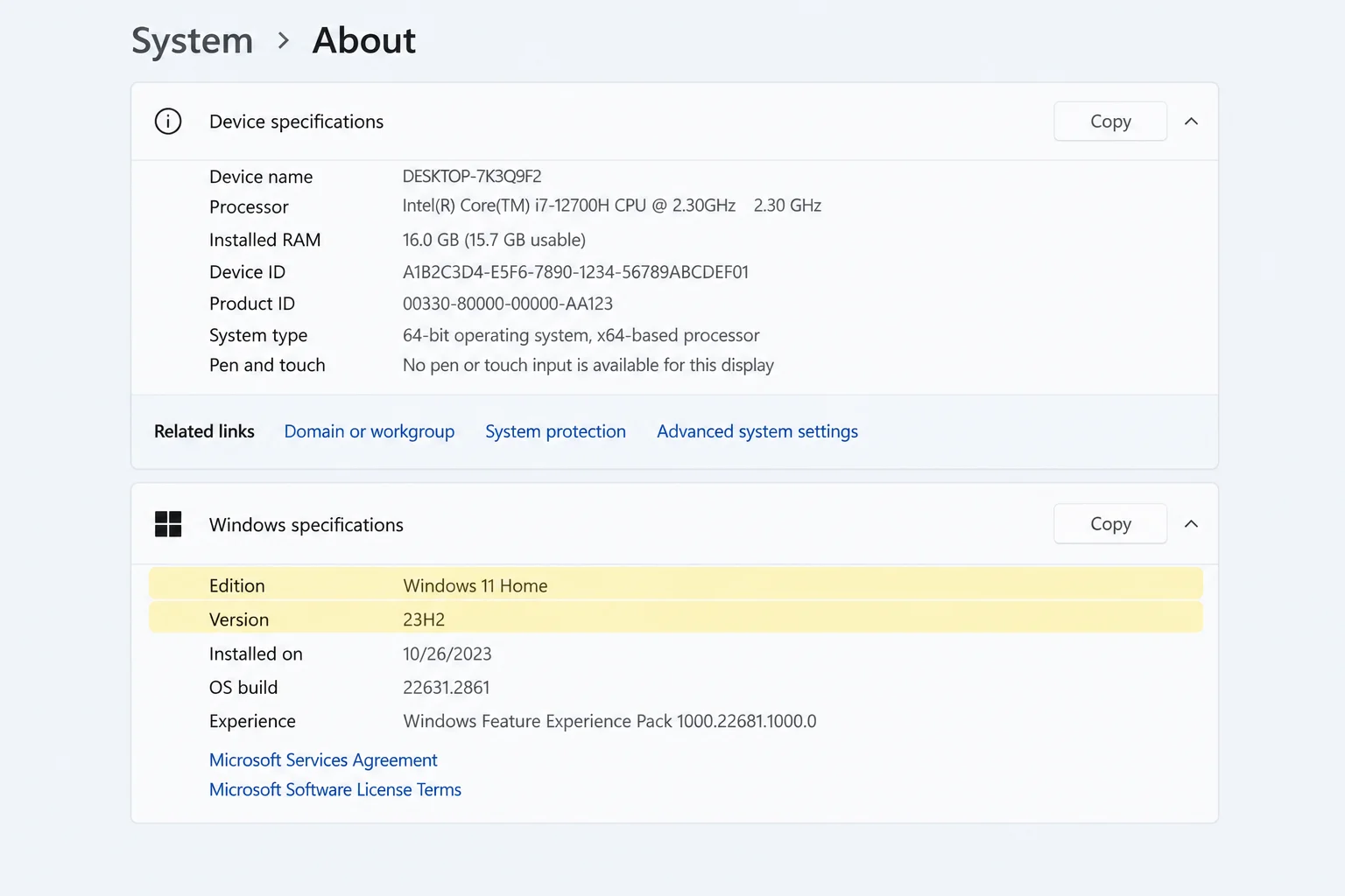 Windows 11 Settings > System > About page showing Device specifications (installed RAM) and Windows specifications (Edition, Version, OS build), with the Edition and Version rows highlighted
