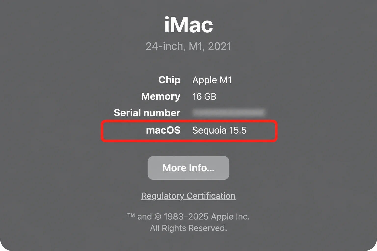 macOS About This Mac window showing the Chip (Apple M-series) and macOS version number, with the macOS version line highlighted