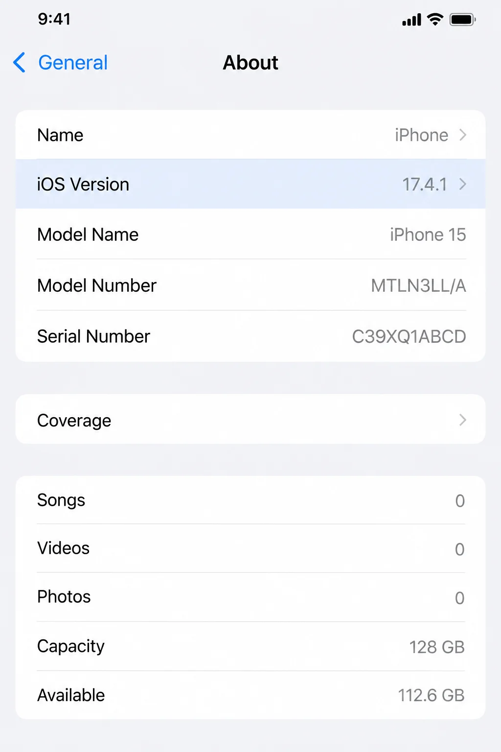 iPhone Settings > General > About screen showing the iOS Version row highlighted