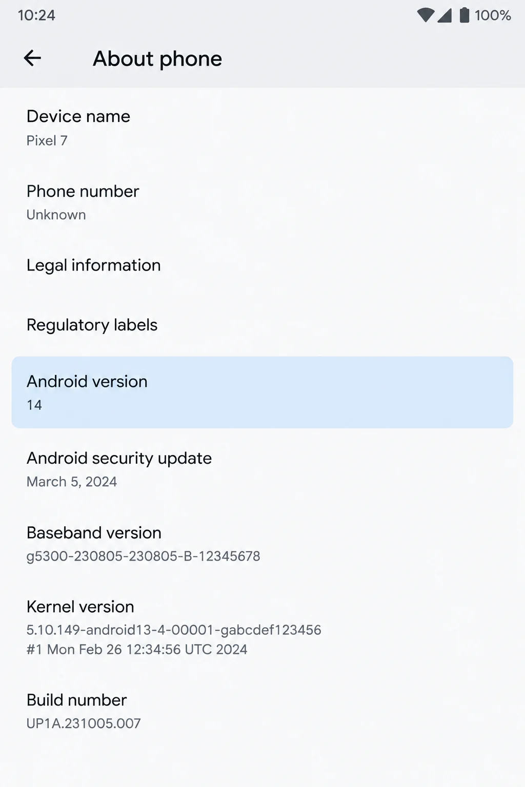 Android Settings > About phone screen showing the Android version entry highlighted