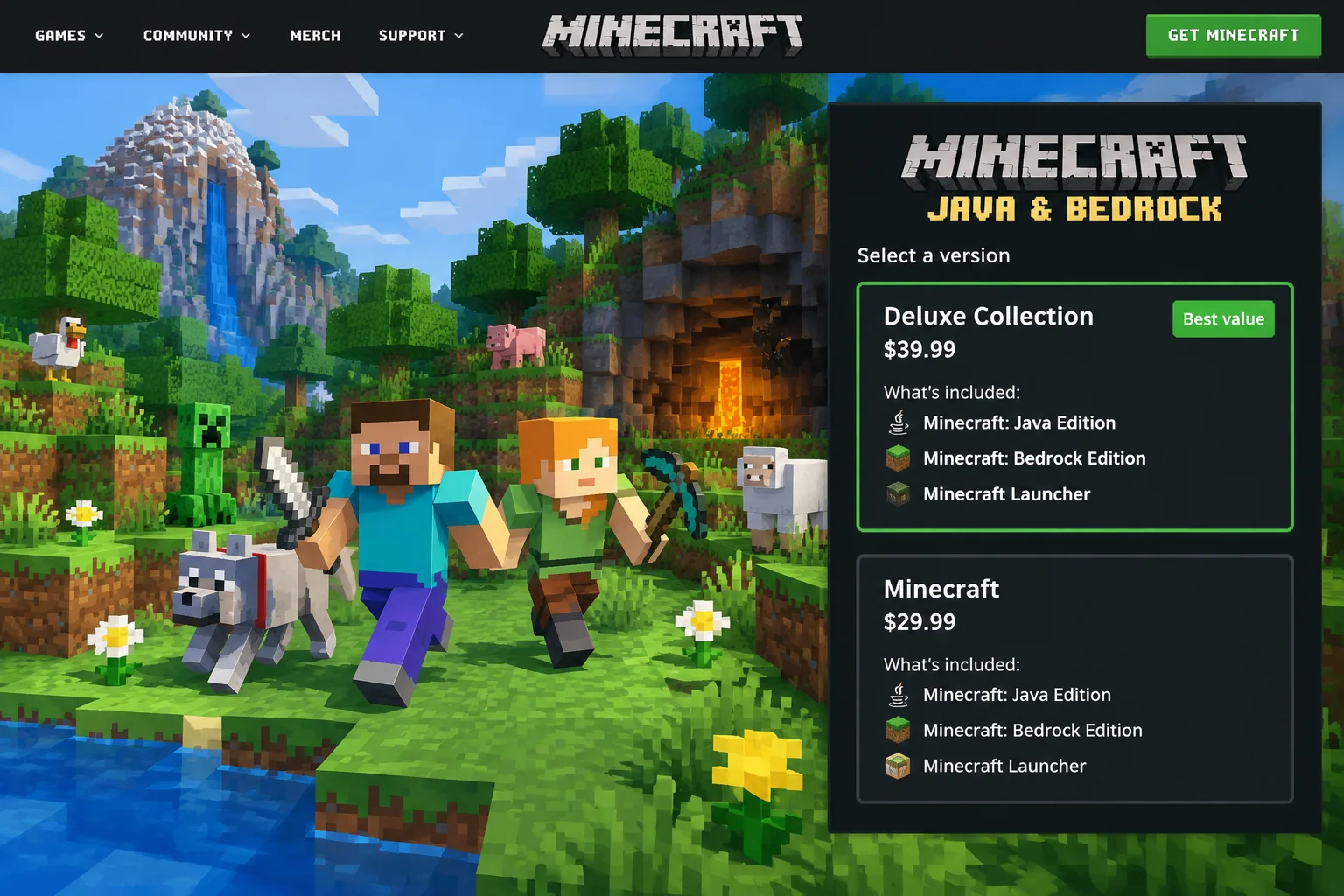 Official Minecraft store page for Minecraft: Java & Bedrock Edition for PC, with the bundle name and "includes Java and Bedrock" messaging highlighted