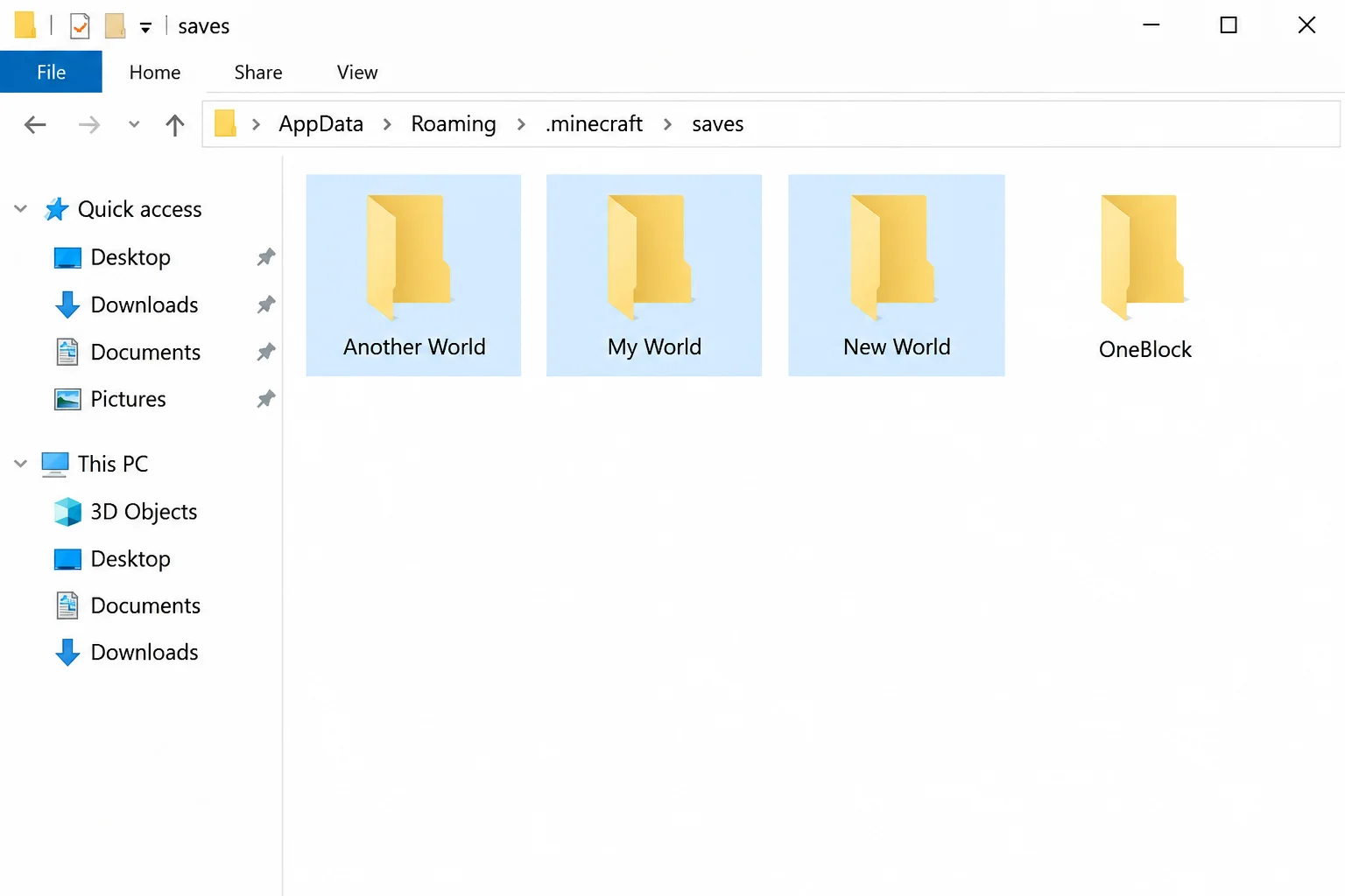 Windows File Explorer at %appdata%\.minecraft\saves with the address bar and several world subfolders highlighted